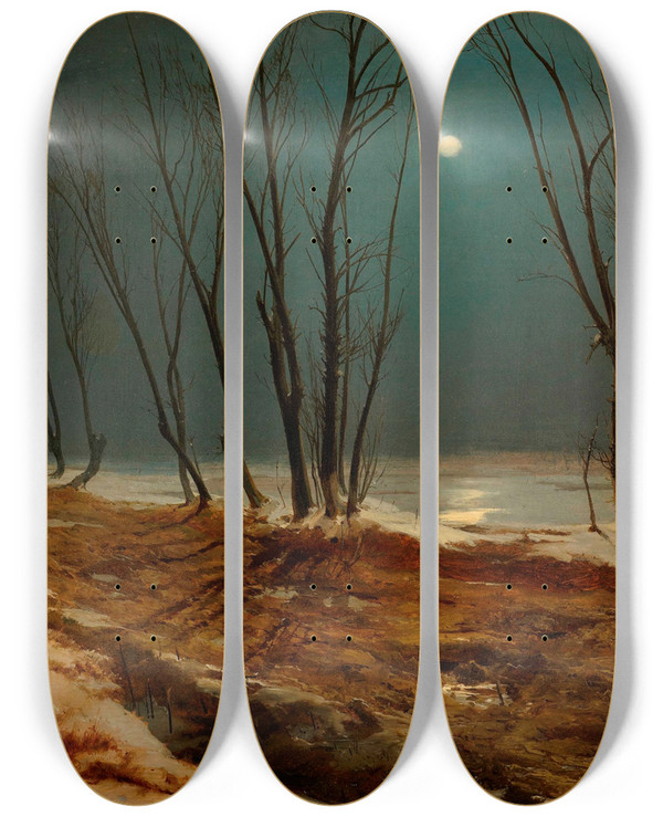 Triptych art skateboard deck of Carl Blechen Landscape In Winter At Moonlight by Carl Blechen (1798-1840)