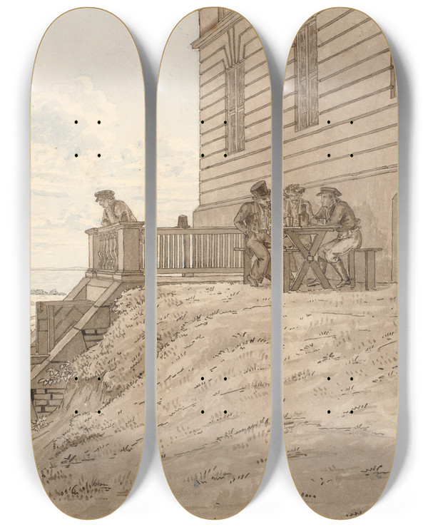 Triptych art skateboard deck of Martinus Rrbye Parti Ved Eremitagen Med Udsigt Til Stranden by Martinus Rorbye (1803-1848)