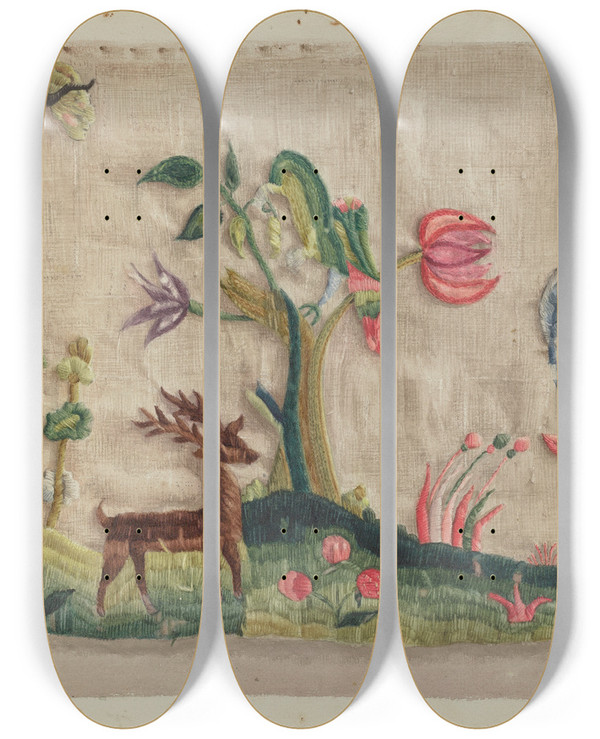 Triptych art skateboard deck of Elizabeth Moutal Embroidery by Elizabeth Moutal