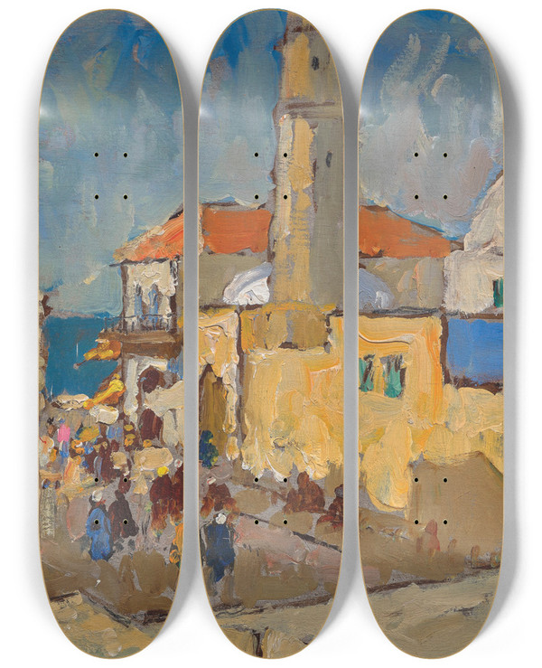 Triptych art skateboard deck of Konstantin Ivanovich Gorbatov Mosque In Jaffa by Konstantin Ivanovich Gorbatov (1876-1945)