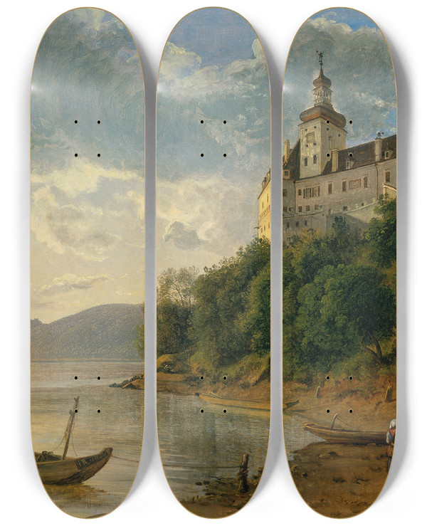 Triptych art skateboard deck of Joseph Rebell Schloss Persenbeug by Joseph Rebell (1787-1828)