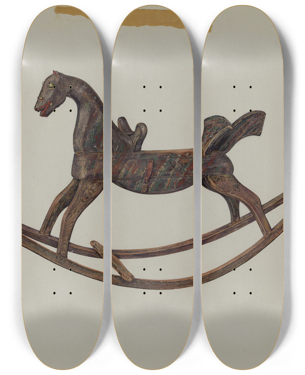 Triptych art skateboard deck of Harriette Gale Rocking Horse by Harriette Gale