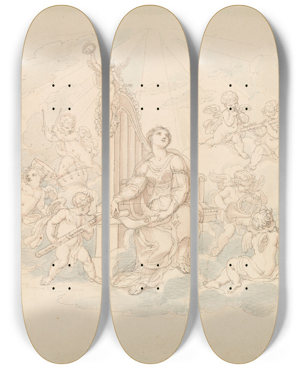 Triptych art skateboard deck of Edward Francis Burney Heavenly Orchestra_1 by Edward Francis Burney (1760-1848)