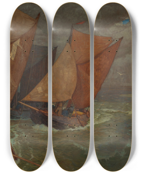Triptych art skateboard deck of Gustav Schnleber Hafeneinfahrt Von Vlissingen by Gustav Schonleber (1851-1917)