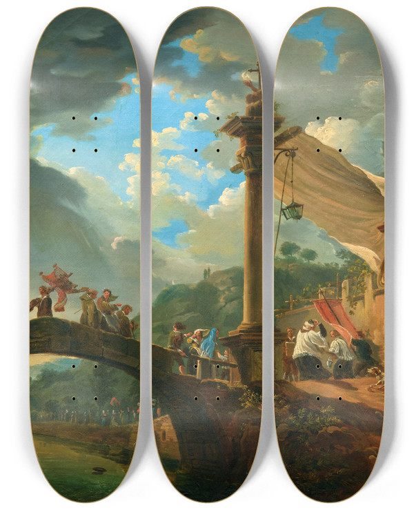 Triptych art skateboard deck of Giovanni Migliara A Procession Interrupted By A Storm by Giovanni Migliara (1785-1837)