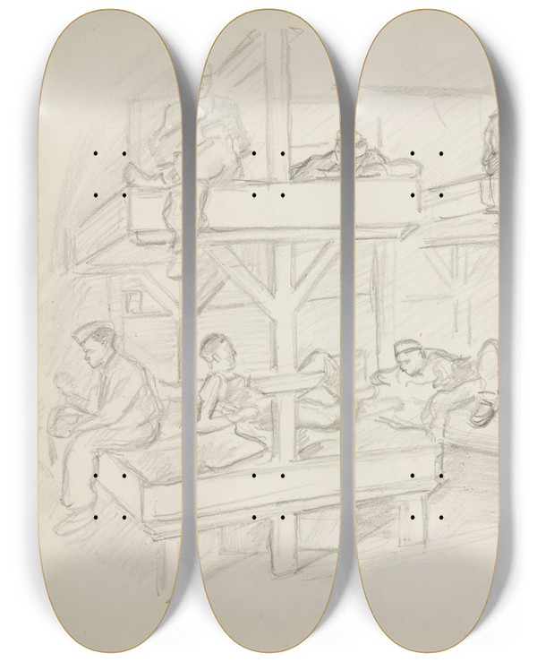 Triptych art skateboard deck of Ivan Ivanec Wntrze Obozowego Baraku Z Pitrowymi Pryczami by Ivan Ivanec (1893-1946)
