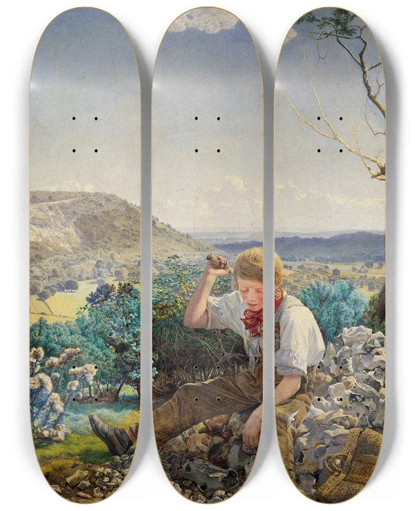 Triptych art skateboard deck of John Brett The Stonebreaker by John Brett (1831-1902)