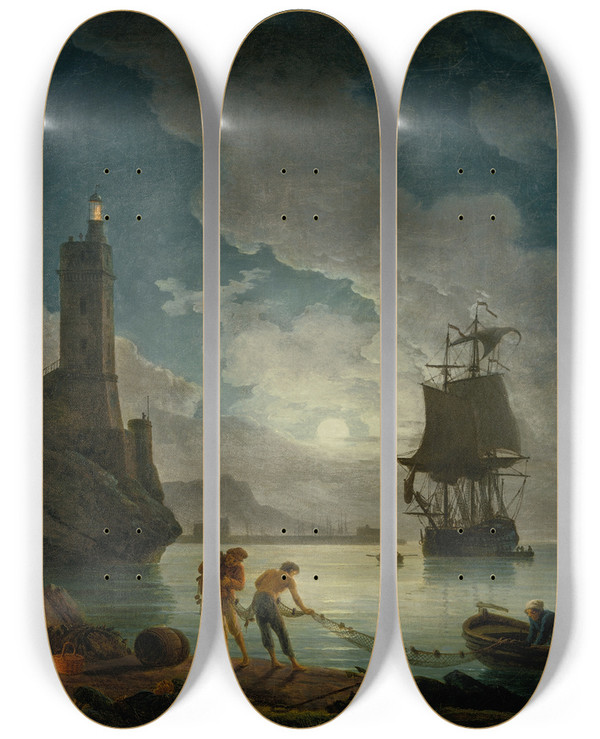 Triptych art skateboard deck of Claudejoseph Vernet A Harbor In Moonlight by Claude Joseph Vernet (1714-1789)