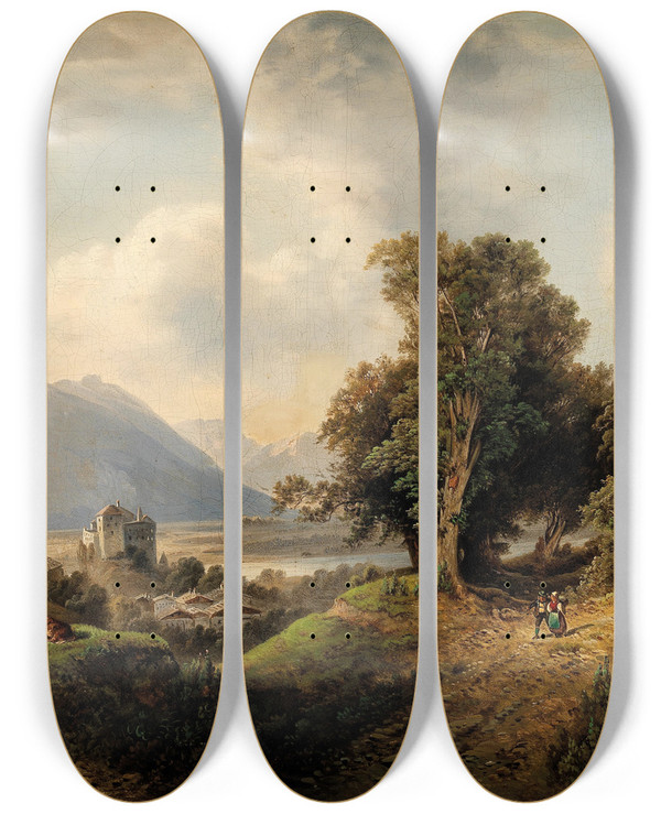 Triptych art skateboard deck of Franz Barbarini Shepherds Resting by Franz Barbarini (1804-1873)