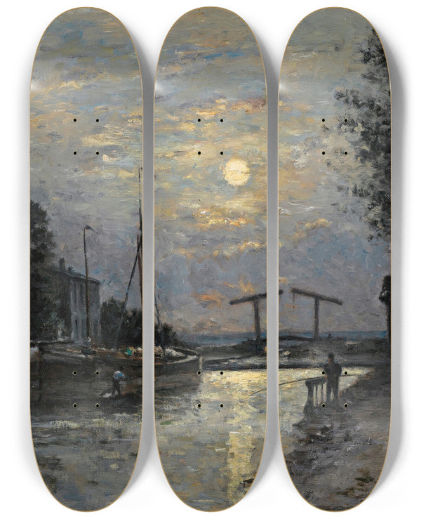 Triptych art skateboard deck of Stanislas Lpine Le Canal Saint Denis Effet De Lune by Stanislas Lepine (1835-1892)