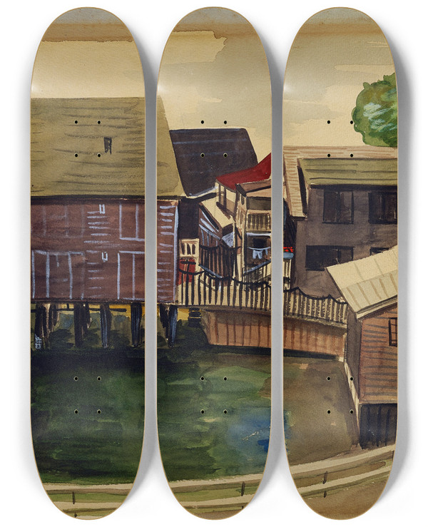 Triptych art skateboard deck of Muriel Walcoff East Gloucester 1 by Muriel Walcoff (20-)