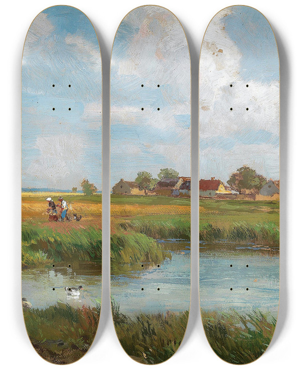 Triptych art skateboard deck of Hugo Darnaut Ein Sommertag by Hugo Darnaut (1850-1937)