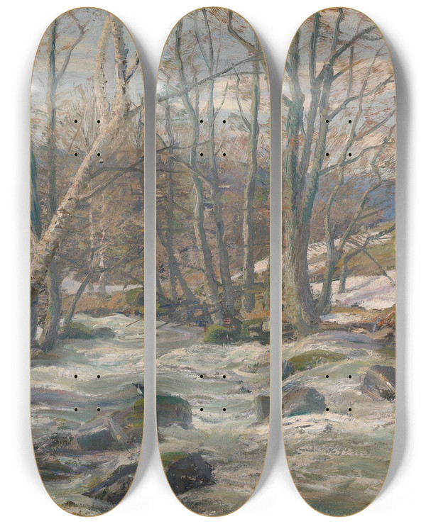 Triptych art skateboard deck of Frederik Collett Spring At Mesna by Frederik Collett (1839-1914)
