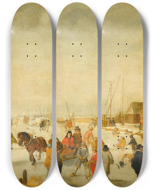 Triptych art skateboard deck of Barend Avercamp Enjoying The Ice by Barend Avercamp (1612-1679)