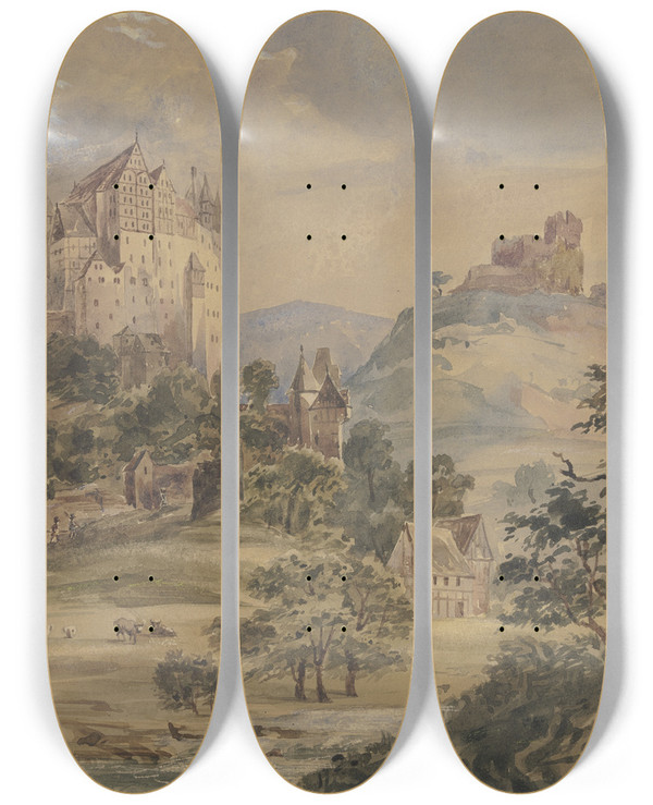 Triptych art skateboard deck of Julius Hbner Schlo Eltz An Der Mosel by Julius Hubner (1806-1882)