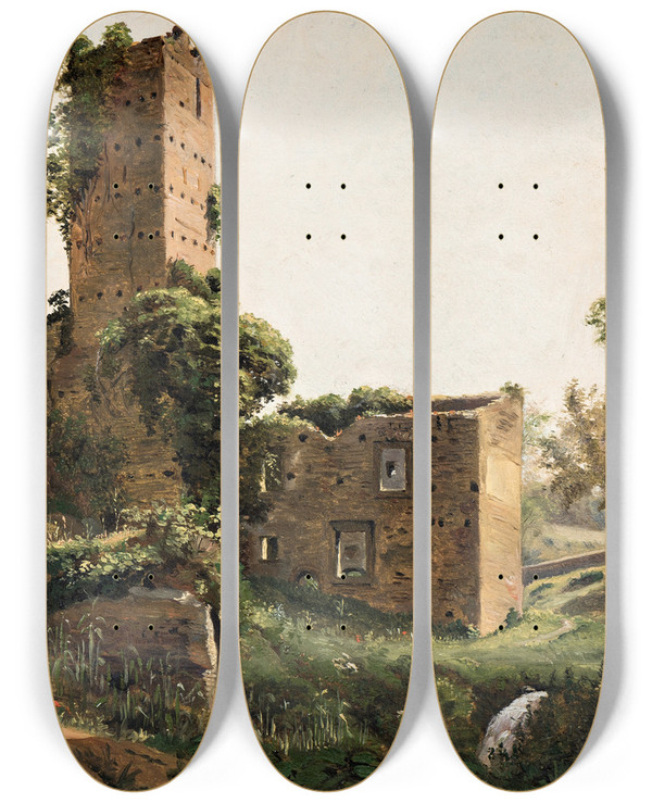 Triptych art skateboard deck of Wilhelm Marstrand Landscape With Ruins by Wilhelm Marstrand (1810-1873)