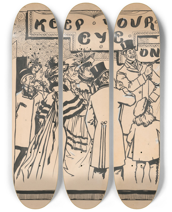 Triptych art skateboard deck of Awb Lincoln Keep Your Eye On Godeys by A.W.B. Lincoln (19-20-)