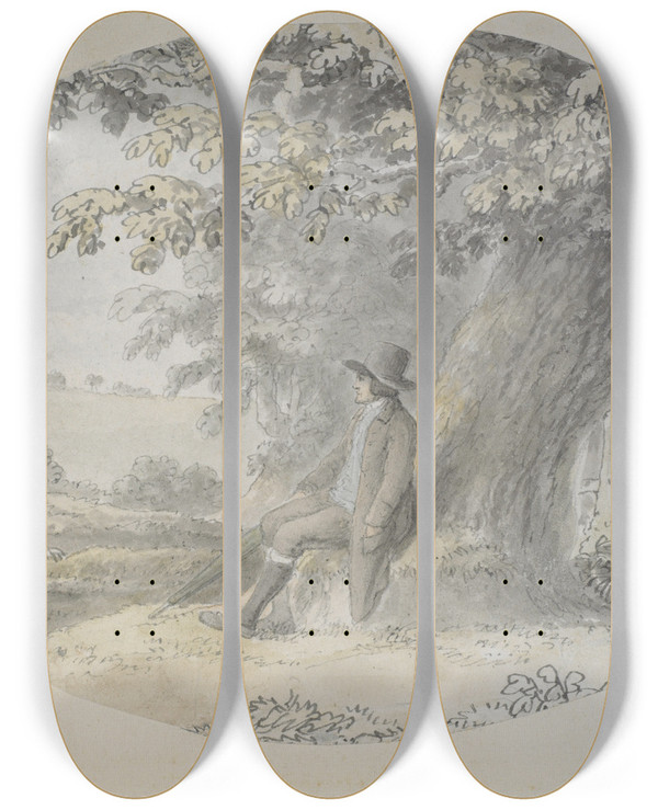 Triptych art skateboard deck of Anthony Devis Landscape With Seated Man by Anthony Devis (1729-1816)