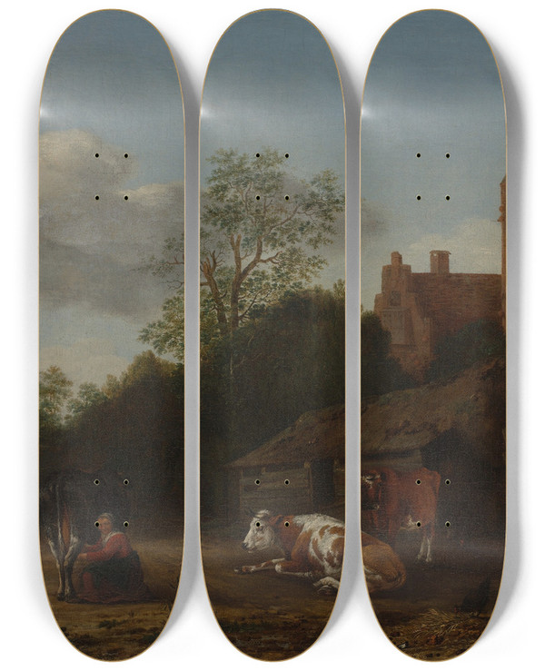 Triptych art skateboard deck of Anthonie Van Borssom Barnyard Scene by Anthonie Van Borssom (1629-1677)