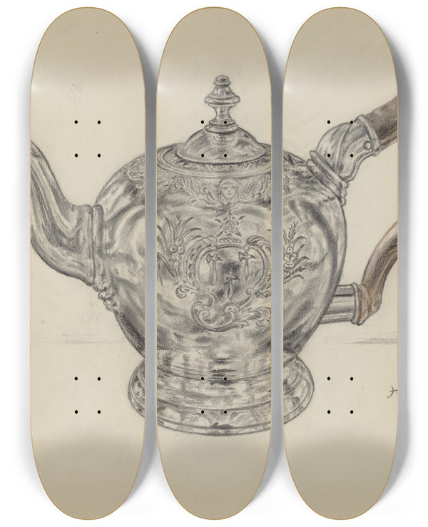 Triptych art skateboard deck of Fletcher Hanks Silver Teapot by Fletcher Hanks