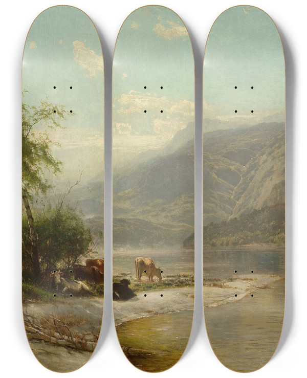 Triptych art skateboard deck of Arthur Parton Cows Watering At Rivers Edge by Arthur Parton (1842-1914)
