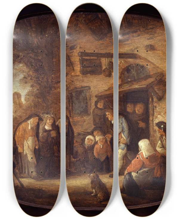 Triptych art skateboard deck of Isaac Van Ostade The May Bride by Isaac Van Ostade (1621-1649)