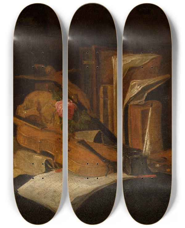 Triptych art skateboard deck of Jacques De Claeuw Vanitas by Jacques de Claeuw (1623-1694)