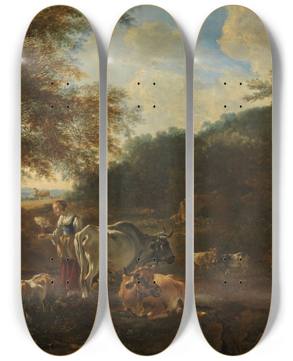 Triptych art skateboard deck of Adam Pynacker Landscape With Cattle by Adam Pynacker (1615-1673)