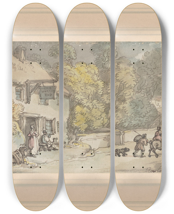 Triptych art skateboard deck of Thomas Rowlandson The Worlds End Inn by Thomas Rowlandson (1756-1827)