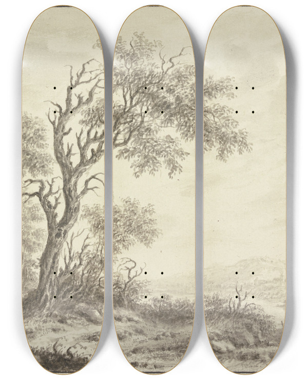 Triptych art skateboard deck of Johann Caspar Zehender Baumgruppe An Einem Fluufer Im Hintergrund Ein Dorf by Johann Caspar Zehender (1742-1805)
