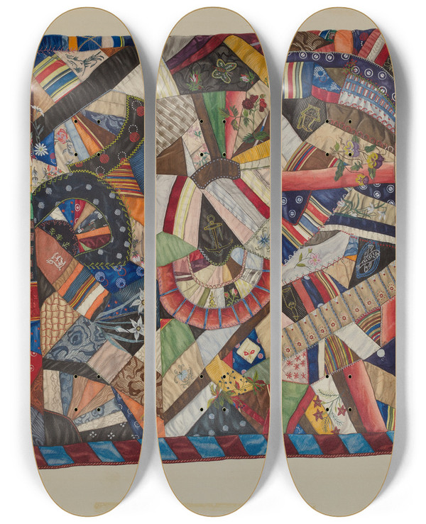 Triptych art skateboard deck of Dolores Haupt Crazy Quilt by Dolores Haupt