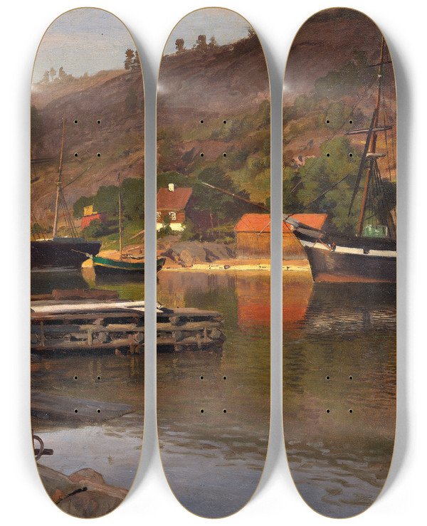 Triptych art skateboard deck of Hans Gude Landingsbrygge Husvik Drbak by Hans Gude (1825-1903)