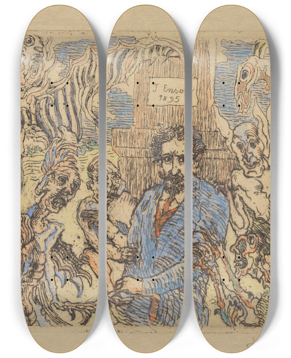 Triptych art skateboard deck of James Ensor Duivels Die Mij Sarren by James Ensor (1860-1949)