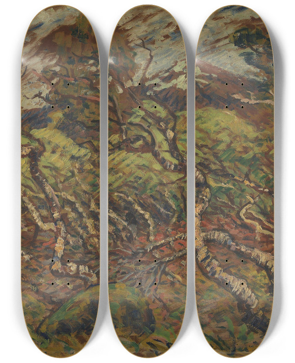 Triptych art skateboard deck of Edvard Diriks Dwarf Birch In Storm by Edvard Diriks (1855-1930)