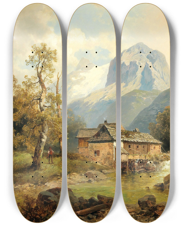 Triptych art skateboard deck of Josef Thoma Tyrolean Scene by Josef Thoma (1828-1899)