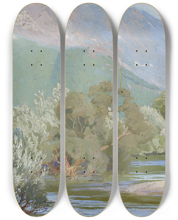 Triptych art skateboard deck of Edward Oku Aniene River by Edward Okun (1872-1945)