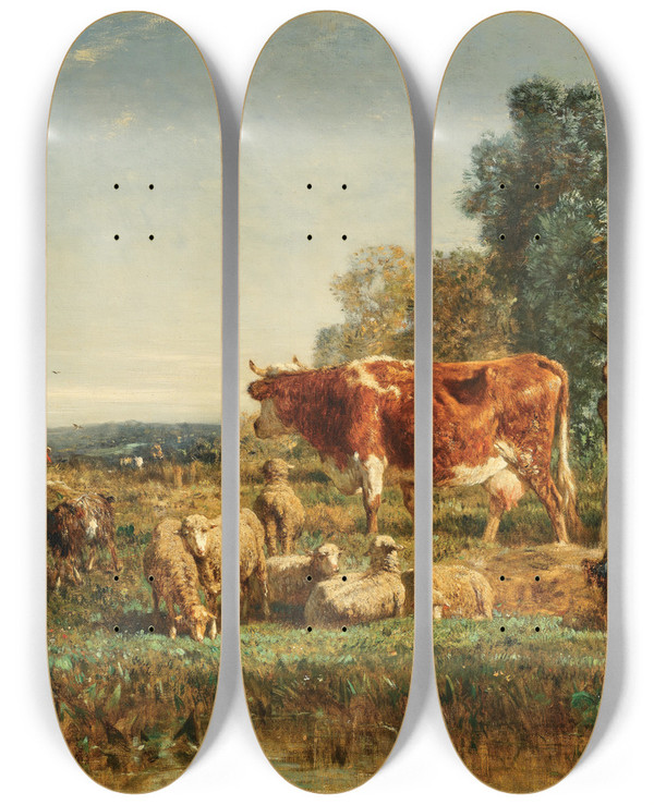 Triptych art skateboard deck of Constant Troyon Young Shepherds With Their Cattle by Constant Troyon (1810-1865)