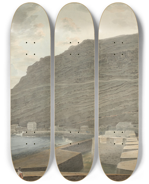 Triptych art skateboard deck of Samuel Davis A Coastal Fort by Samuel Davis (1757-1819)