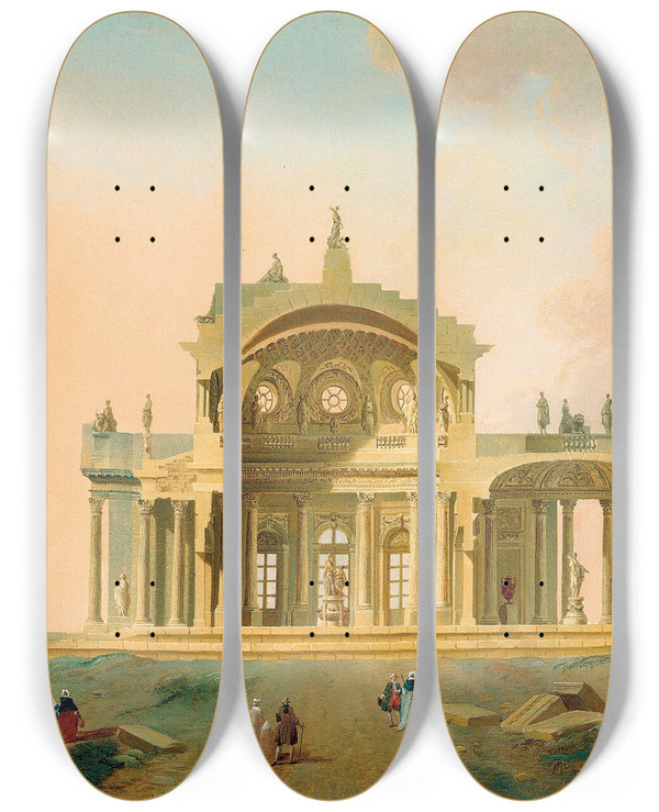 Triptych art skateboard deck of Pierreantoine Demachy Fantastical Architectural Study With Figures_1 by Pierre-Antoine Demachy (1723-1807)