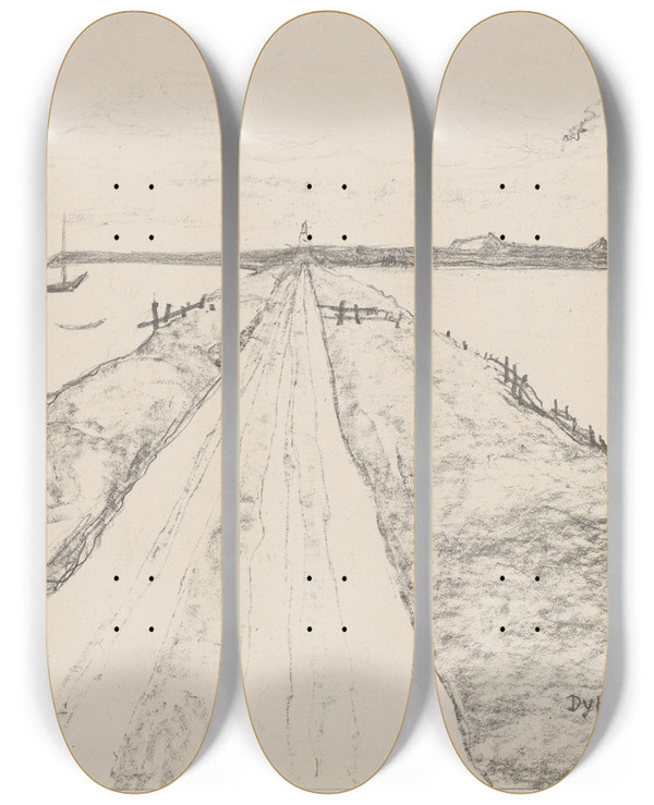Triptych art skateboard deck of Theo Van Hoytema Dijk Op Texel by Theo Van Hoytema (1863-1917)