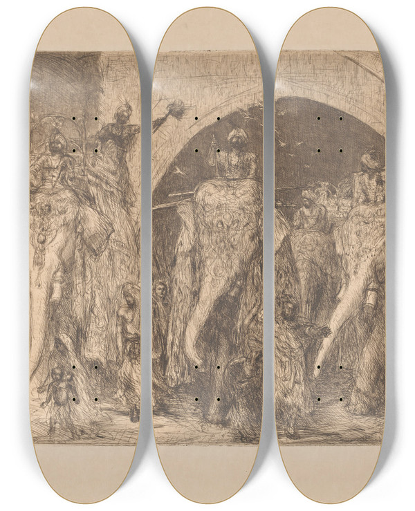 Triptych art skateboard deck of Marius Bauer Optocht Met Olifanten by Marius Bauer (1867-1932)