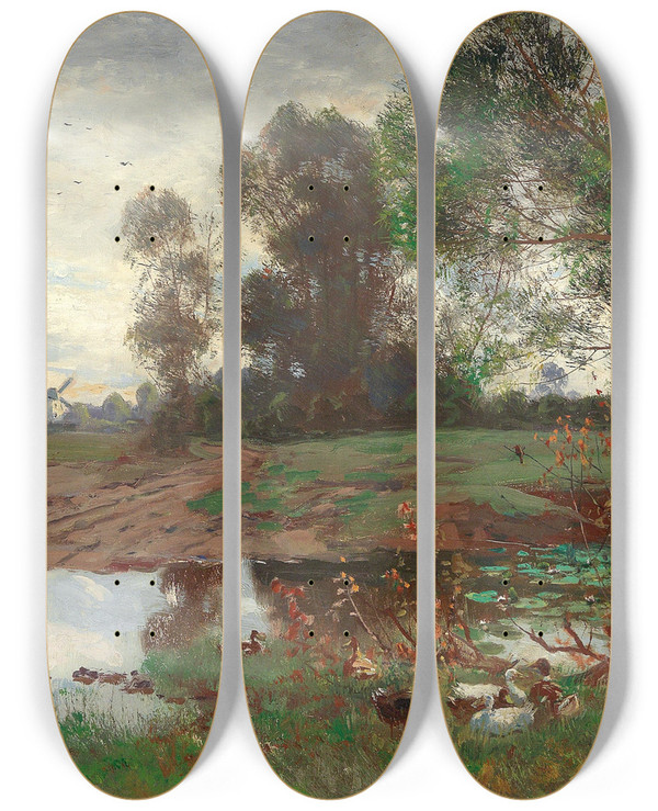 Triptych art skateboard deck of Adolf Lins Enten Am Weiher by Adolf Lins (1856-1927)