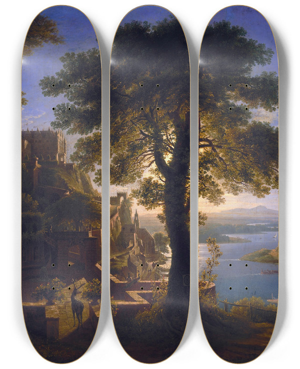 Triptych art skateboard deck of Karl Friedrich Schinkel Castle By The River by Karl Friedrich Schinkel (1781-1841)