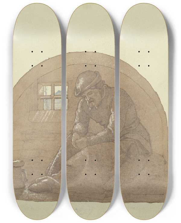 Triptych art skateboard deck of Karl Friedrich Harveng Old Man In Prison by Karl Friedrich Harveng (1832-1874)