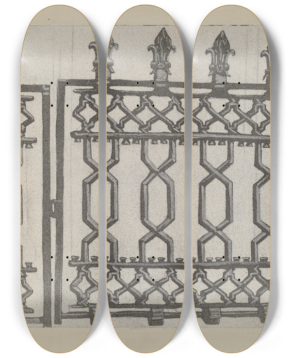 Triptych art skateboard deck of Arelia Arbo Cast Iron Rail And Gate by Arelia Arbo