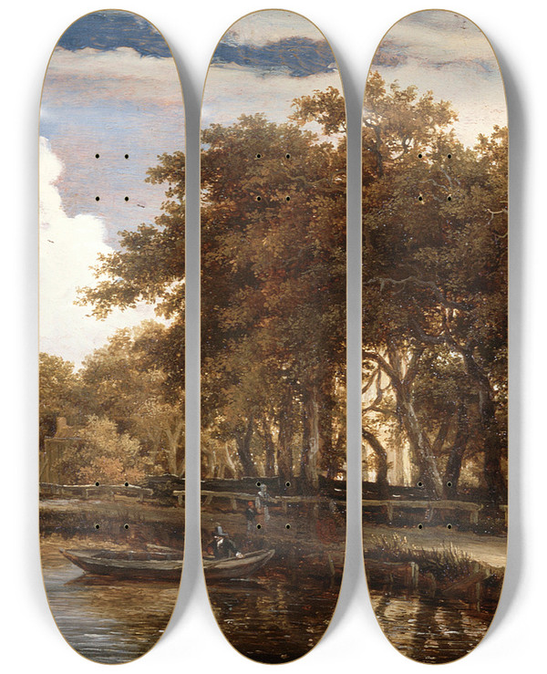 Triptych art skateboard deck of Meindert Hobbema View Along The Amstel by Meindert Hobbema (1638-1709)