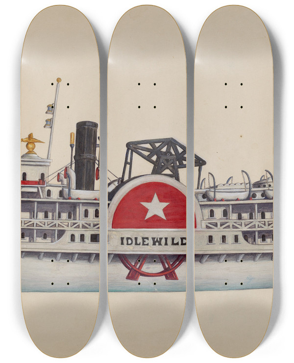 Triptych art skateboard deck of Frank Gray Model Ship Idlewild by Frank Gray