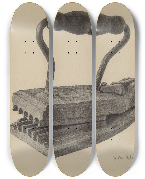 Triptych art skateboard deck of Maurice Van Felix Flatironcrimping Iron by Maurice Van Felix