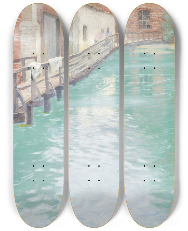 Triptych art skateboard deck of Frits Thaulow The Mills At Montreuilsurmer Normandy by Frits Thaulow (1847-1906)