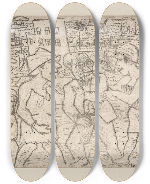 Triptych art skateboard deck of Paul Gangolf Kokottenberfall Marseille by Paul Gangolf (1879-1936)
